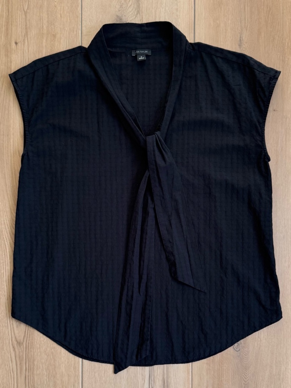 Ann Taylor Black Tie-Neck Cap Sleeve Blouse